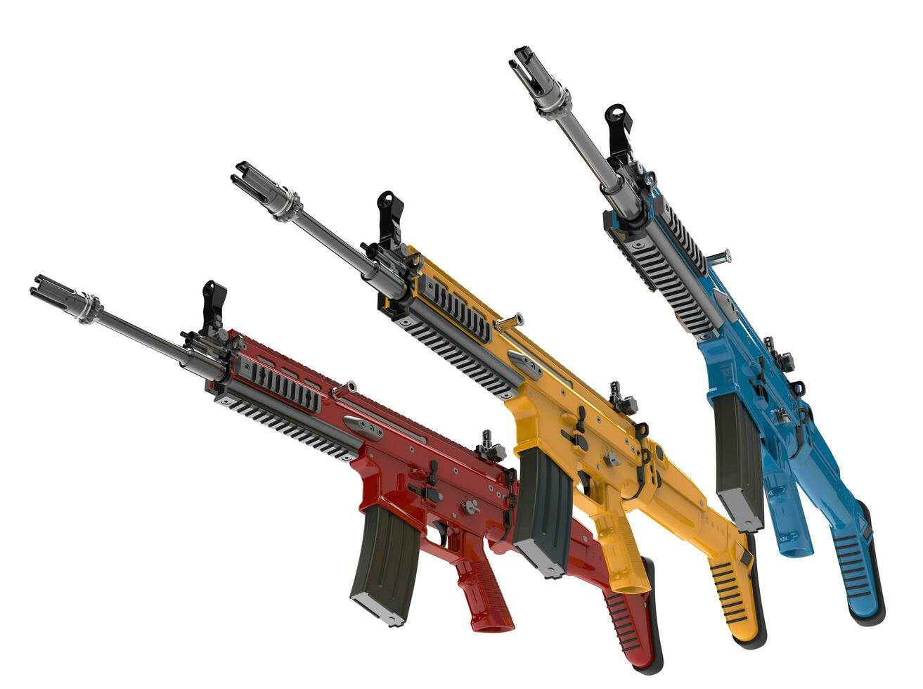 Modern assault rifles in primary colors photo