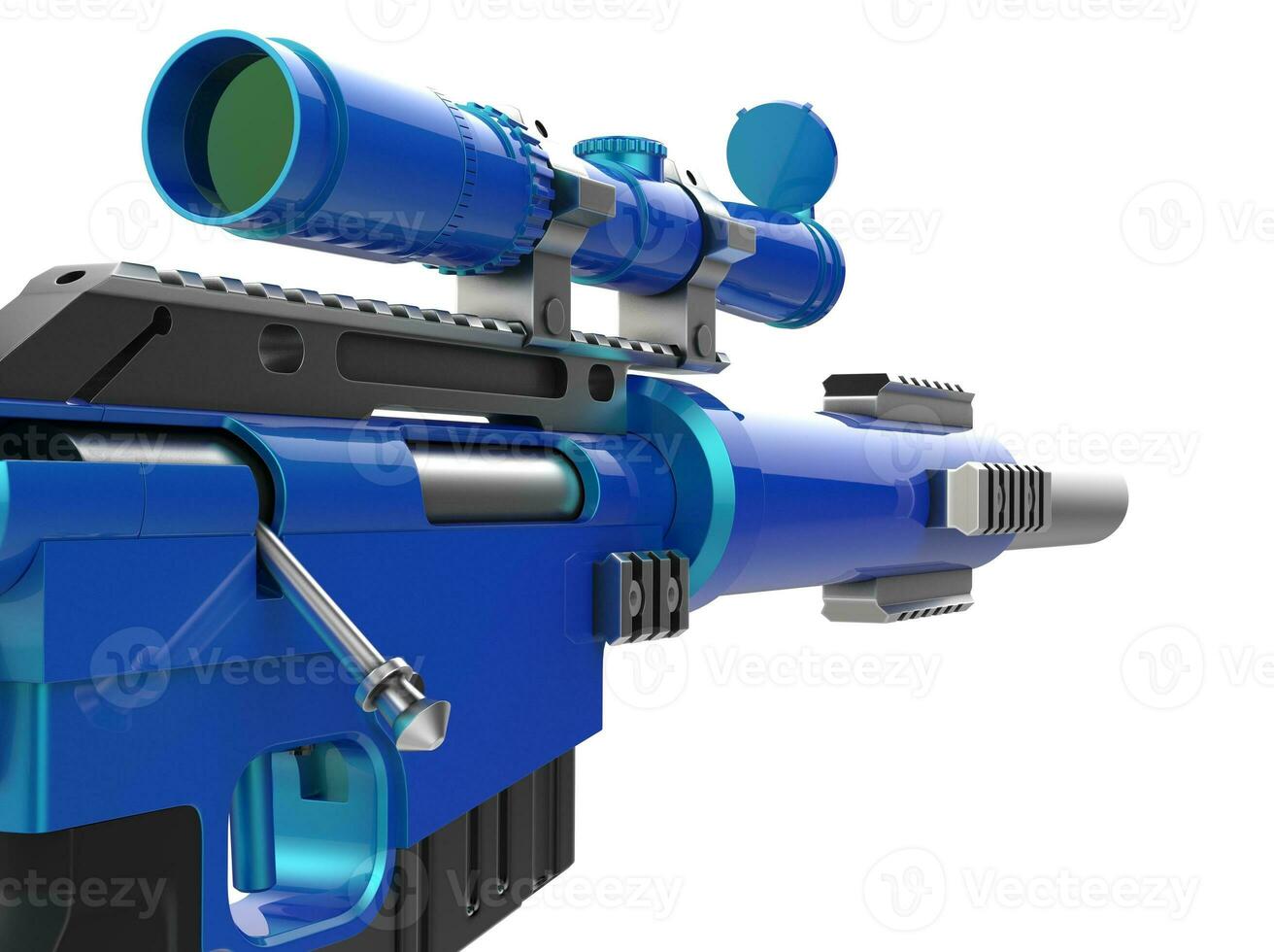Metallic blue modern sniper rifle  - extreme closeup shot photo