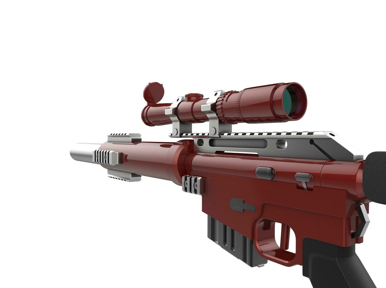Crimson modern sniper rifle - low angle shot - closeup shot - first person view photo