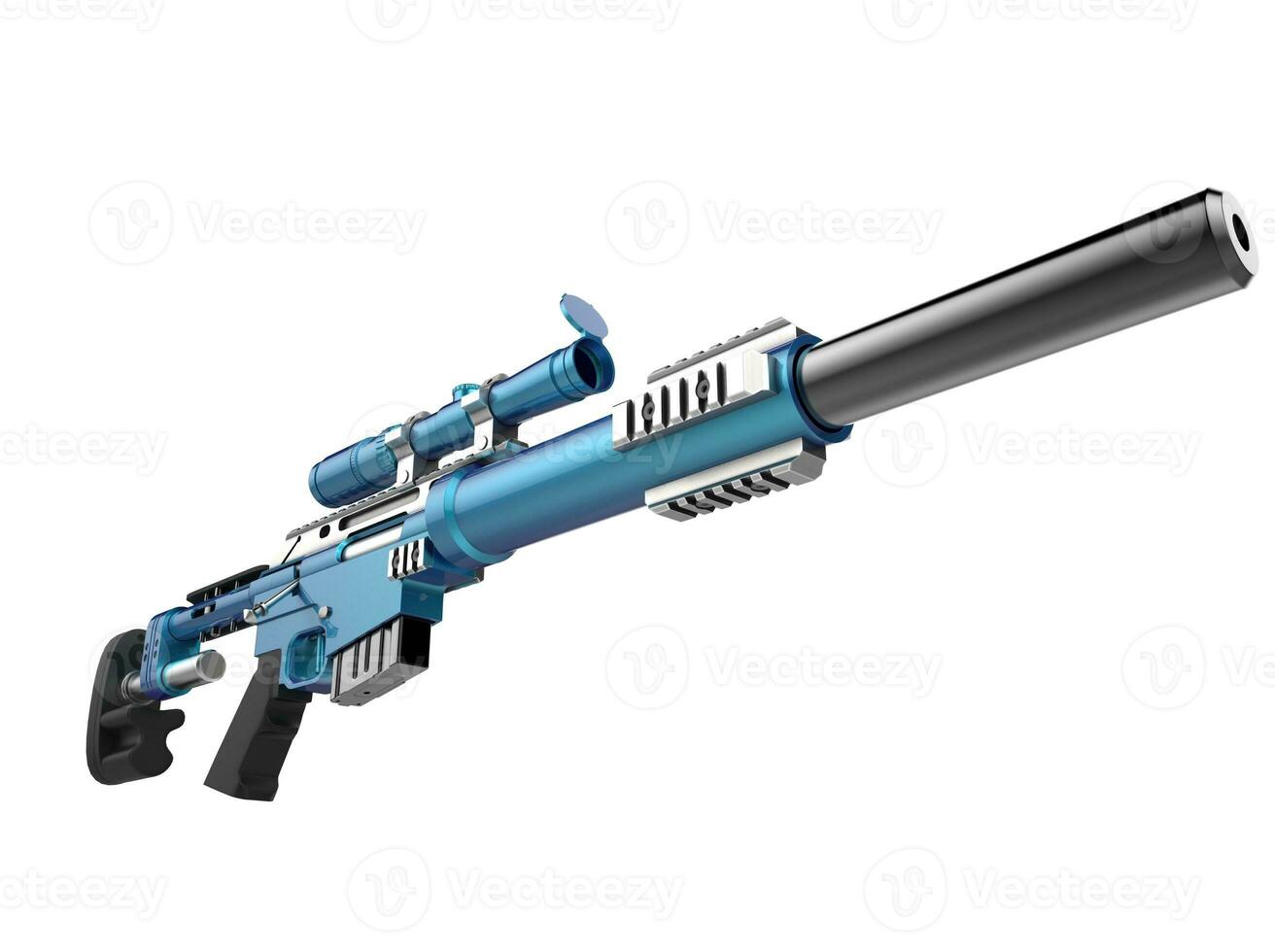 Metallic sky blue modern sniper rifle - low angle shot photo