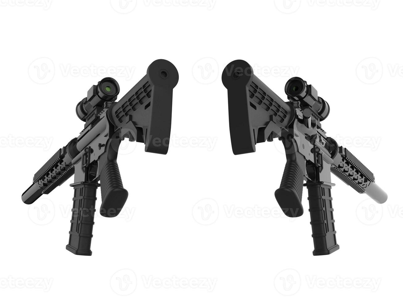 Two modern assault rifles - back view - low angle shot photo