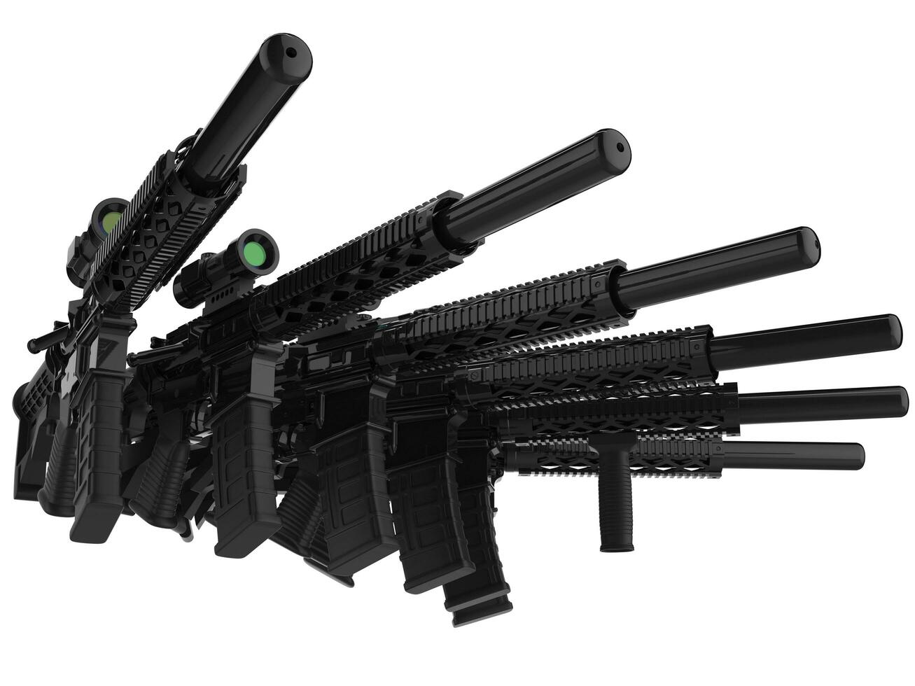 Black modern assault rifles stacked together photo