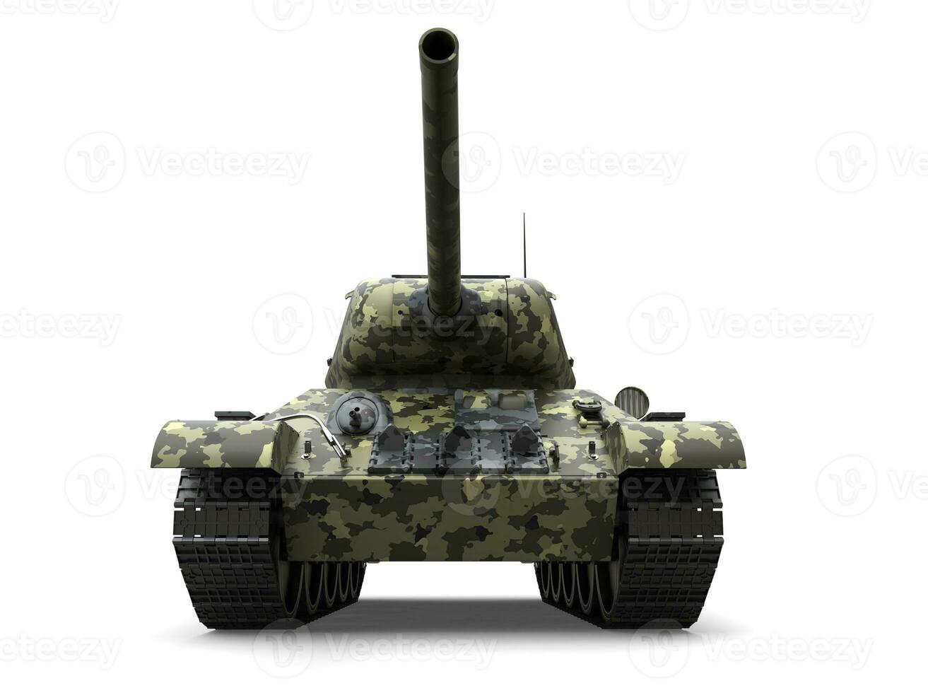 Forest camo old military tank - low angle front view photo