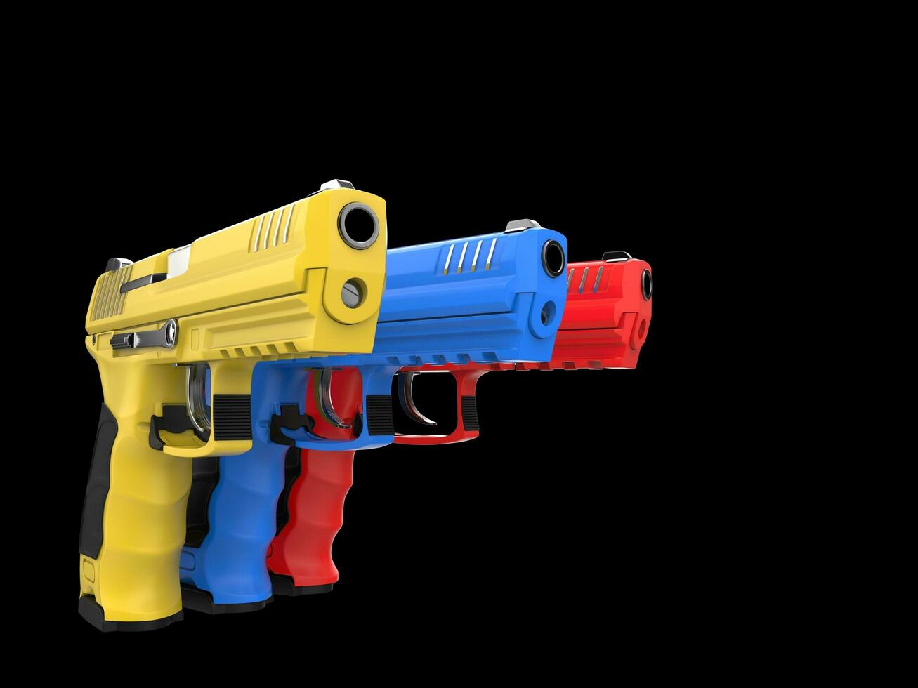 Modern red, blue and yellow semi automatic pistols - pointing forward photo