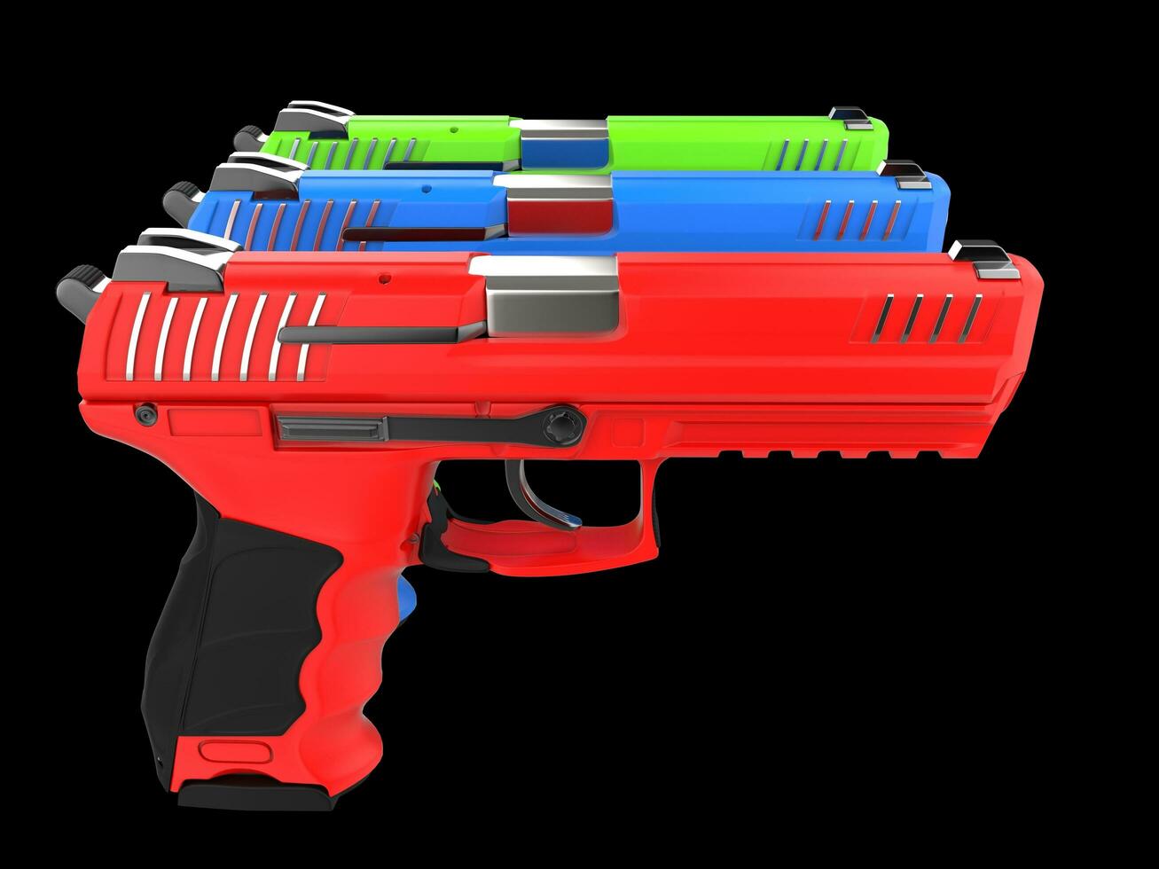 Red, green and blue modern handguns - all pointing at the same direction photo