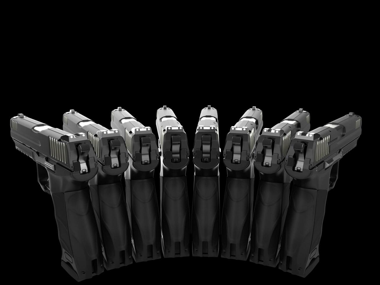 Semi automatic pistols pointing at all directions - rear view photo