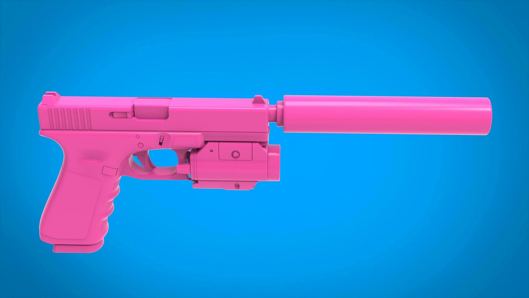 Pink handgun with slencer and laser point sight on light blue background photo