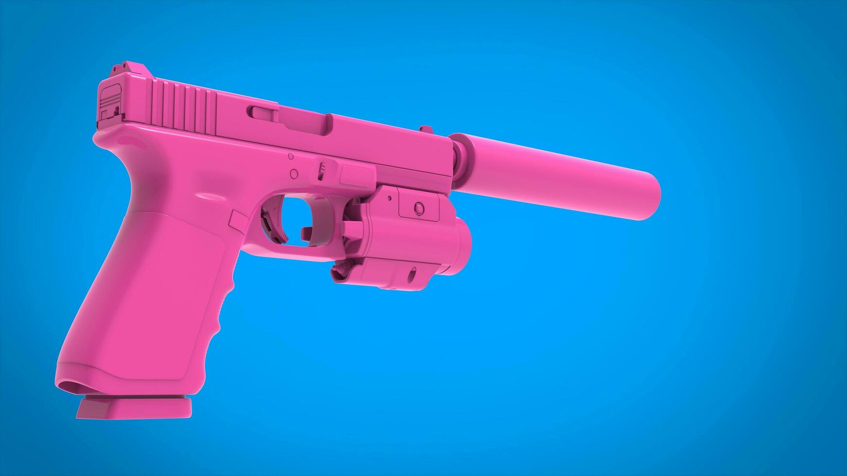 Pink modern handgun with silencer and laser attachment on bright blue background photo