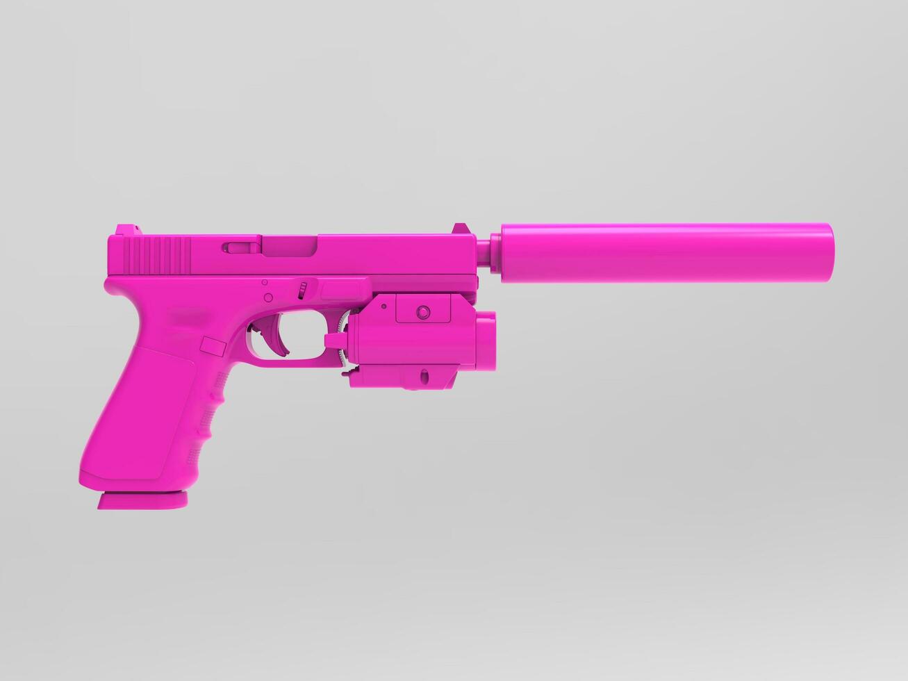 Pink modern handgun with silencer and laser sight attachment - side view photo