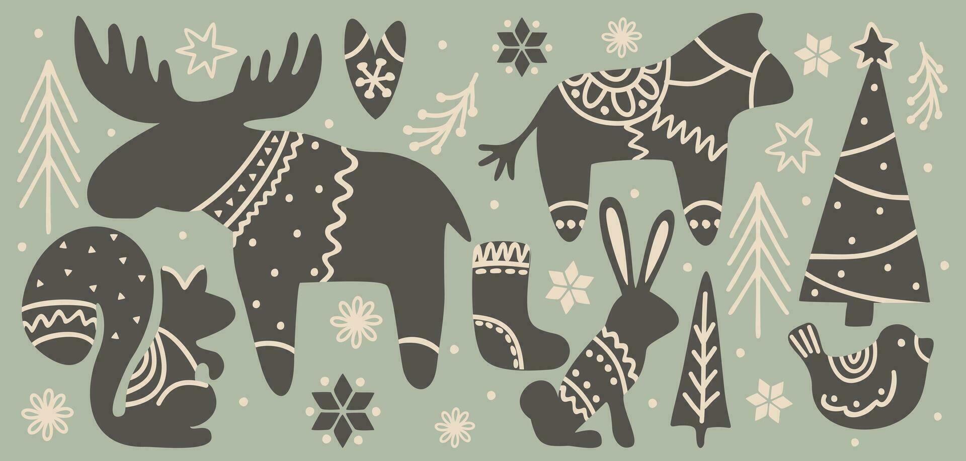Scandinavian Christmas. Vector set of decorative elements. Animals, trees, snowflakes in scandinavian style