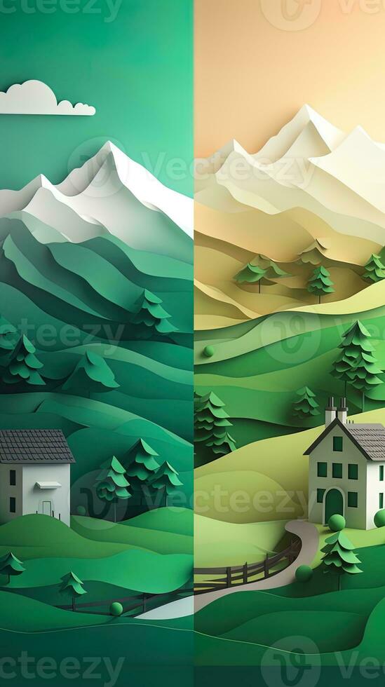 Vertical 3d paper cut forest landscape mountain paper cut style natural landscape scene illustration photo