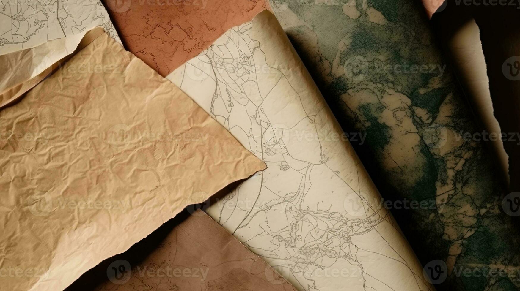 close up top view full vintage of Paper Scraps cutouts of authentic paper textures vintage newspapers and classic literature background photo