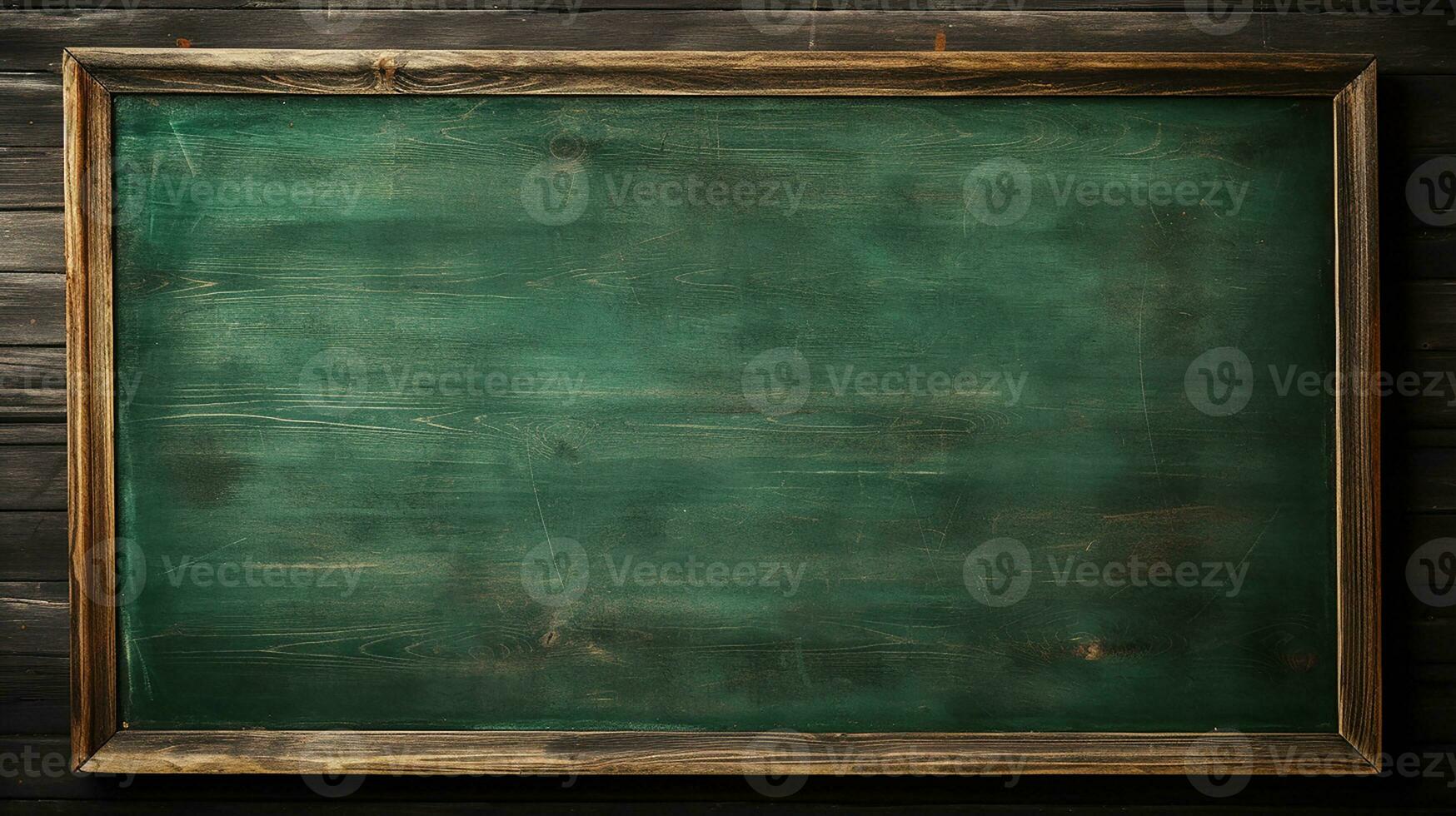 Empty green chalkboard background with wooden frame. Dirty erased chalk texture on blank blackboard with copyspace and wood border. Restaurant menu or back to school education concept. Generative AI photo