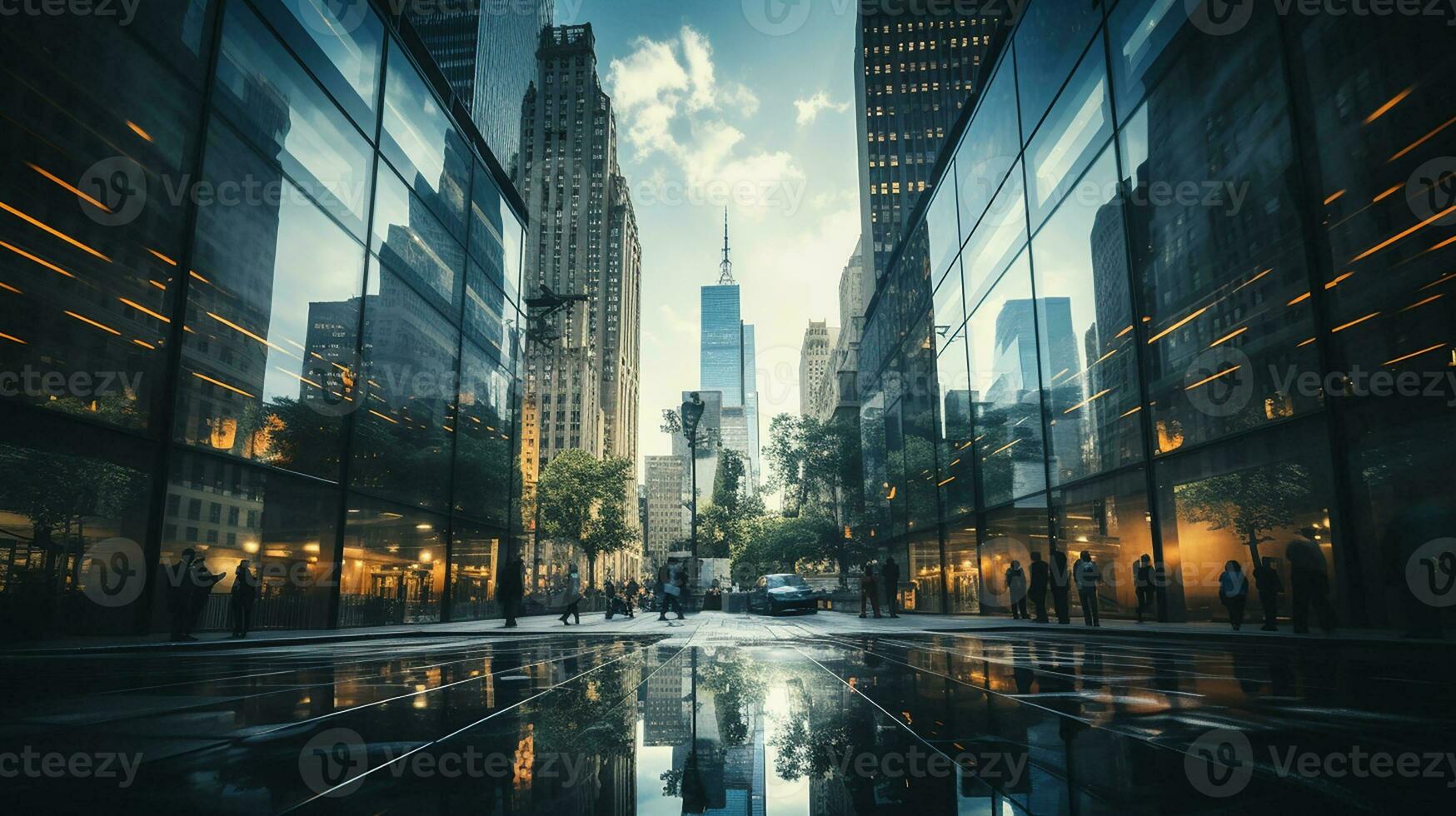 Reflective skyscrapers, business office buildings. low angle view of skyscrapers in city, sunny day. Business wallpaper with modern high-rises with mirrored windows. Generative AI photo