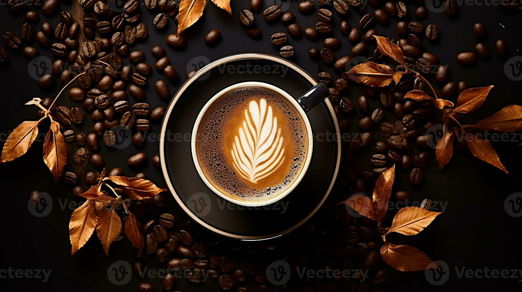High angle cup of cappuccino with latte art on dark background. Beautiful wheat pulled into the foam, greenery ceramic cup, lots of coffee beans and leaf beside the glass. Generative AI photo