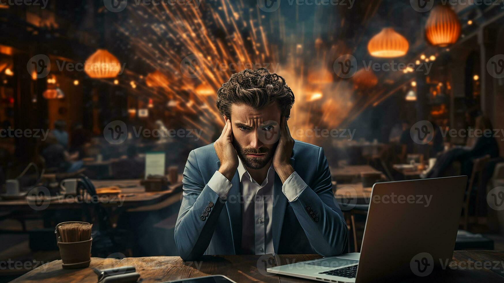 Stressed tired man suffering from headache in front of computer. Worried male entrepreneur thinking about problems and project deadline feeling exhausted. Generative AI photo
