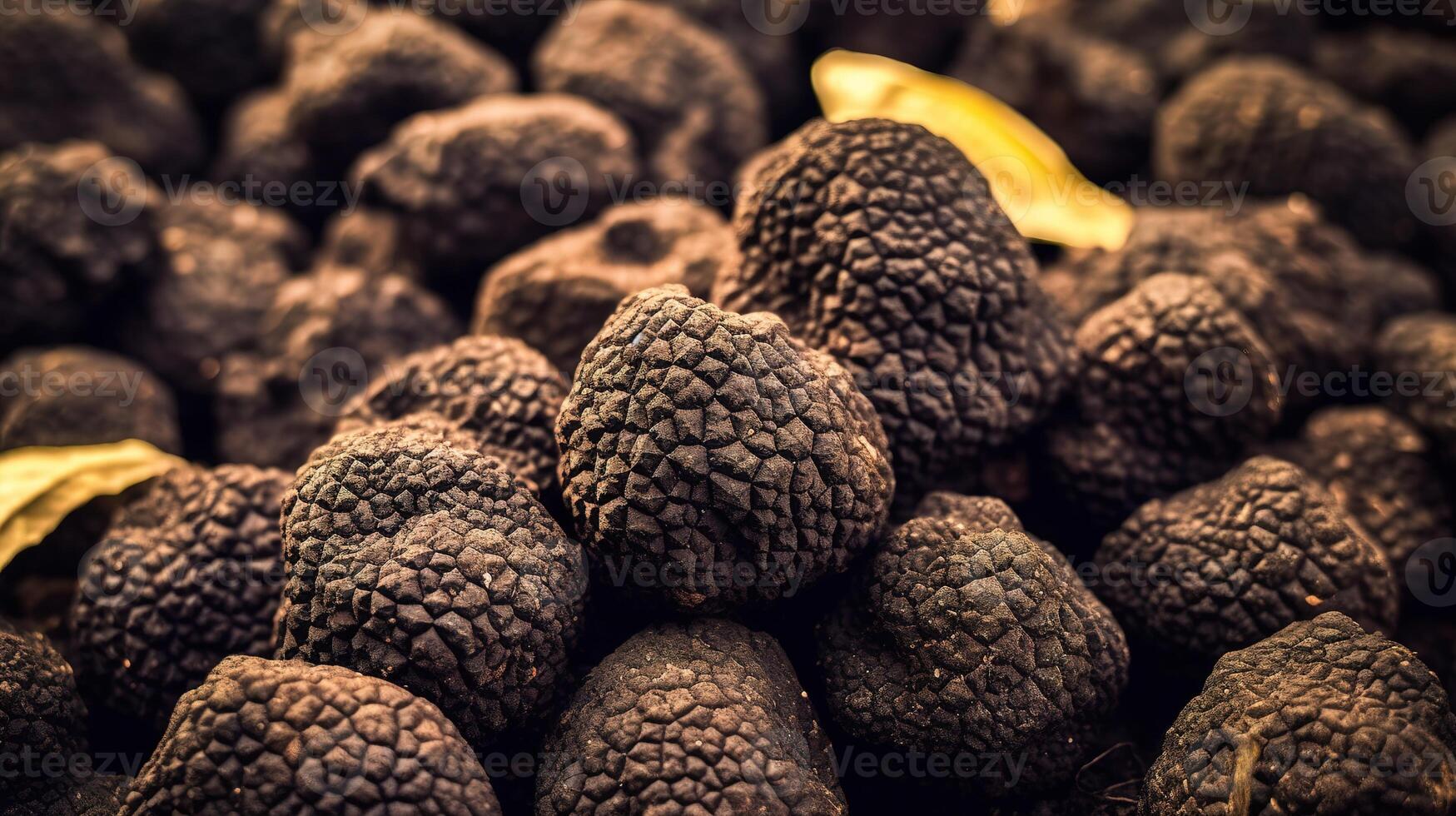 Realistic photo of a bunch of black truffle. top view vegetables scenery.