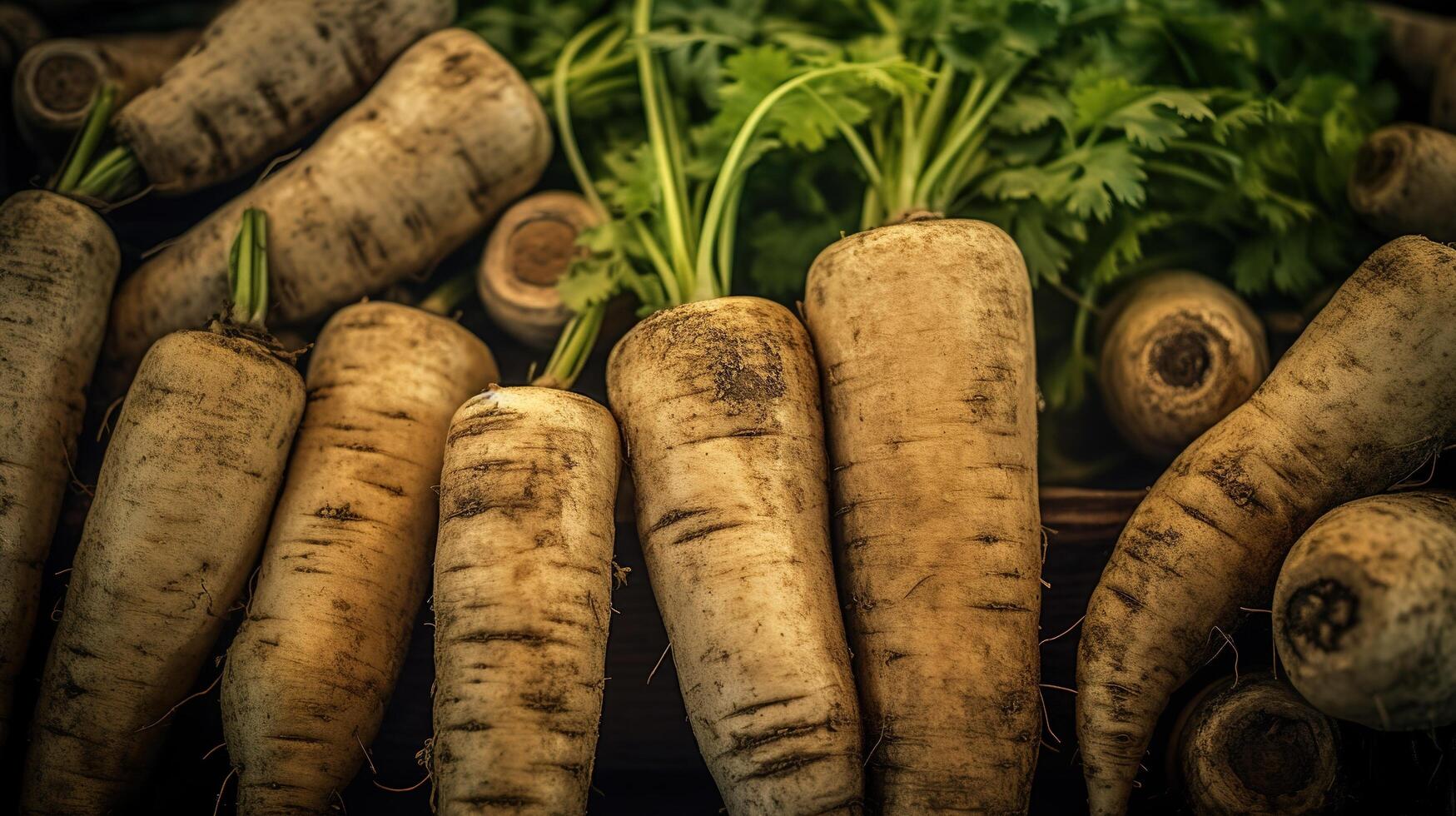 Realistic photo of a bunch of parsnip. top view vegetables scenery. AI Generated