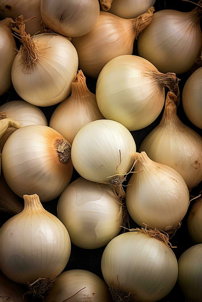 Realistic photo of a bunch of white onion. top view vegetables scenery. AI Generated