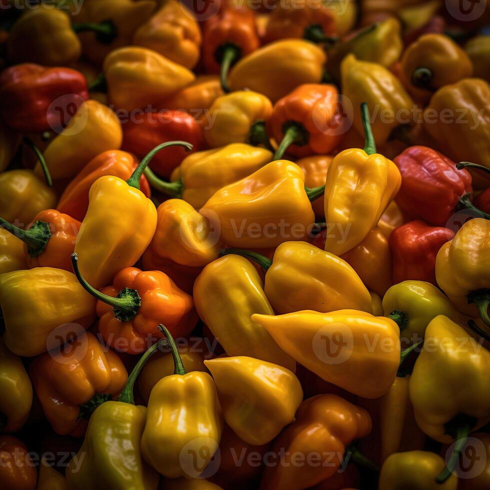 Realistic photo of a bunch of habanero. top view vegetables scenery. AI Generated