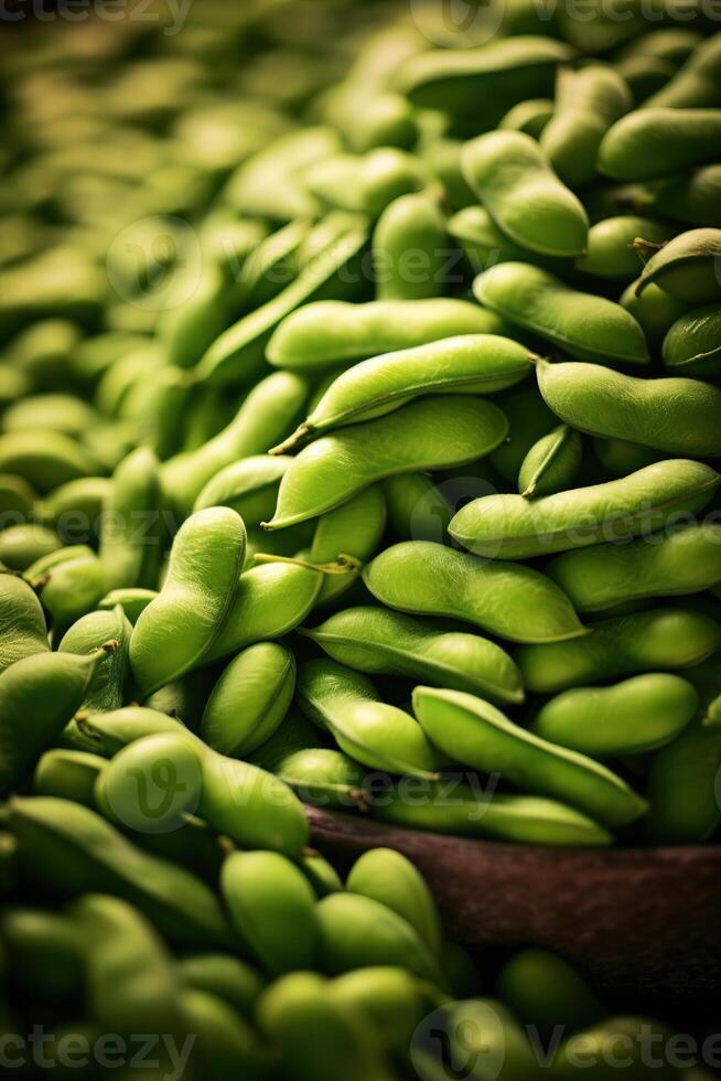 Realistic photo of a bunch of edamame. top view vegetables scenery.