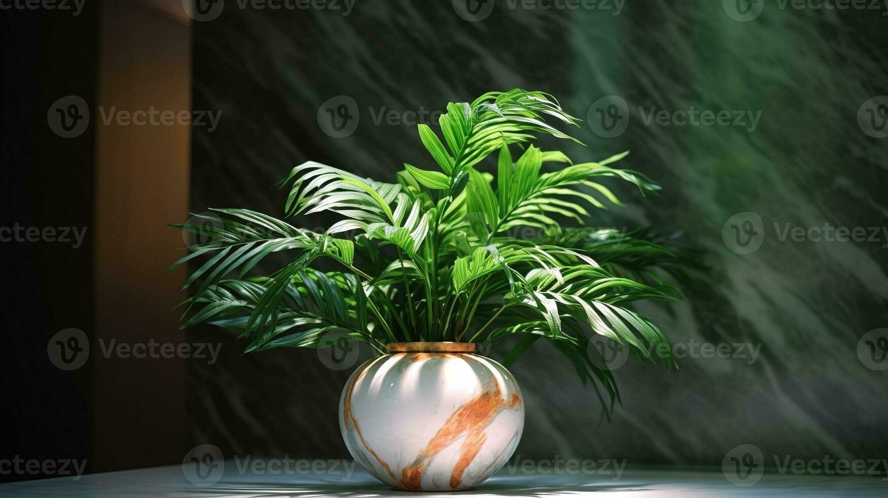 Realistic photo of a Tropical plant in a marble vase. with natural light condition. AI Generated