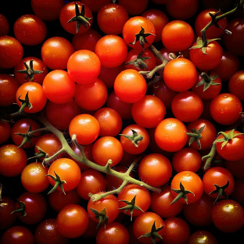 Realistic photo of a bunch of cherry tomato. top view vegetables scenery. AI Generated