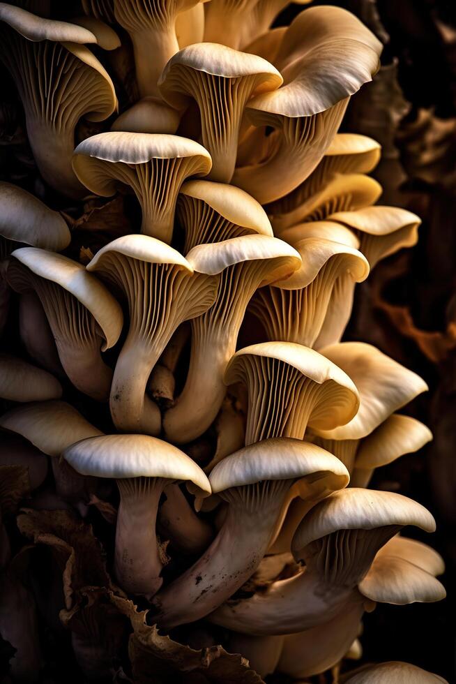 Realistic photo of a bunch of oyster mushrooms. top view vegetables scenery. AI Generated