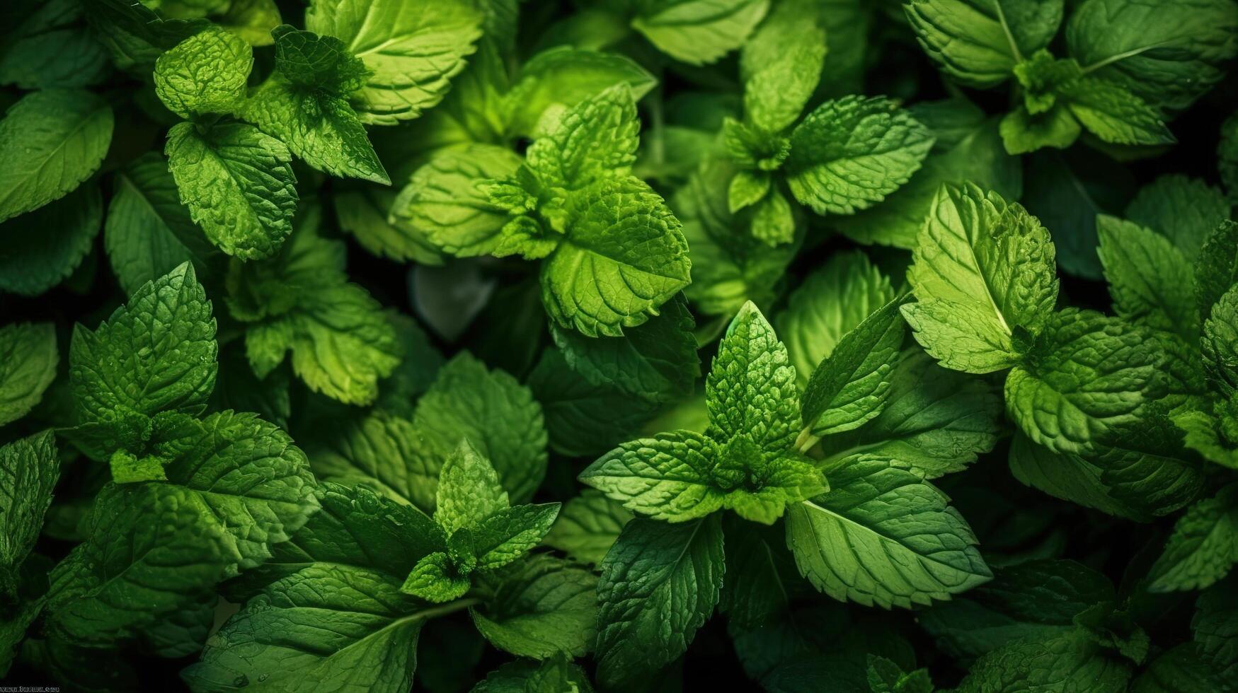 Realistic photo of a bunch of mint. top view vegetables scenery.