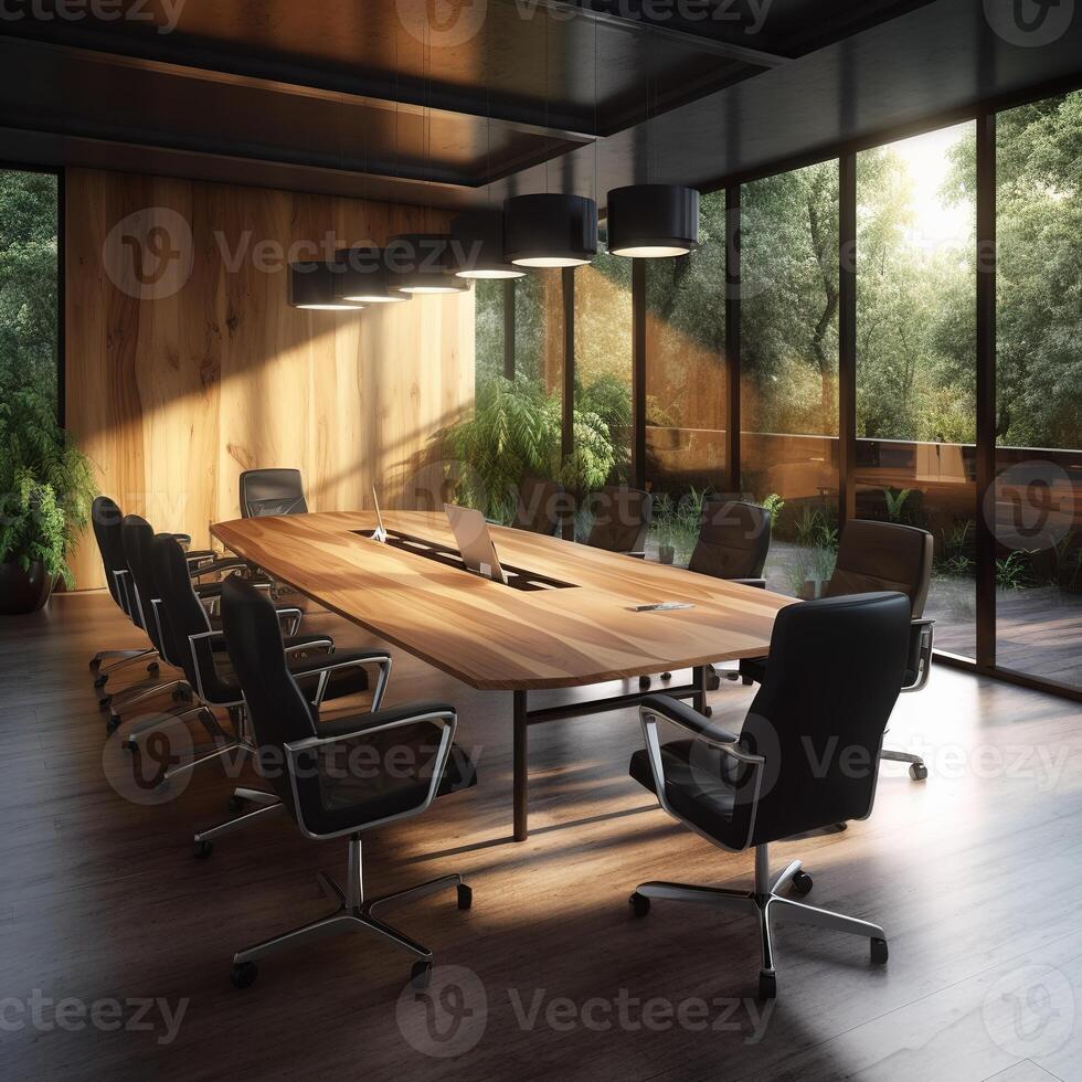 Realistic photo of a small and modern style Conference Room. with warm light condition. AI Generated