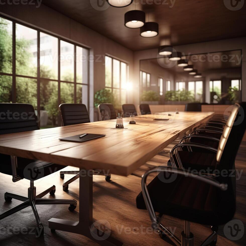 Realistic photo of a small and modern style Conference Room. with warm light condition. AI Generated