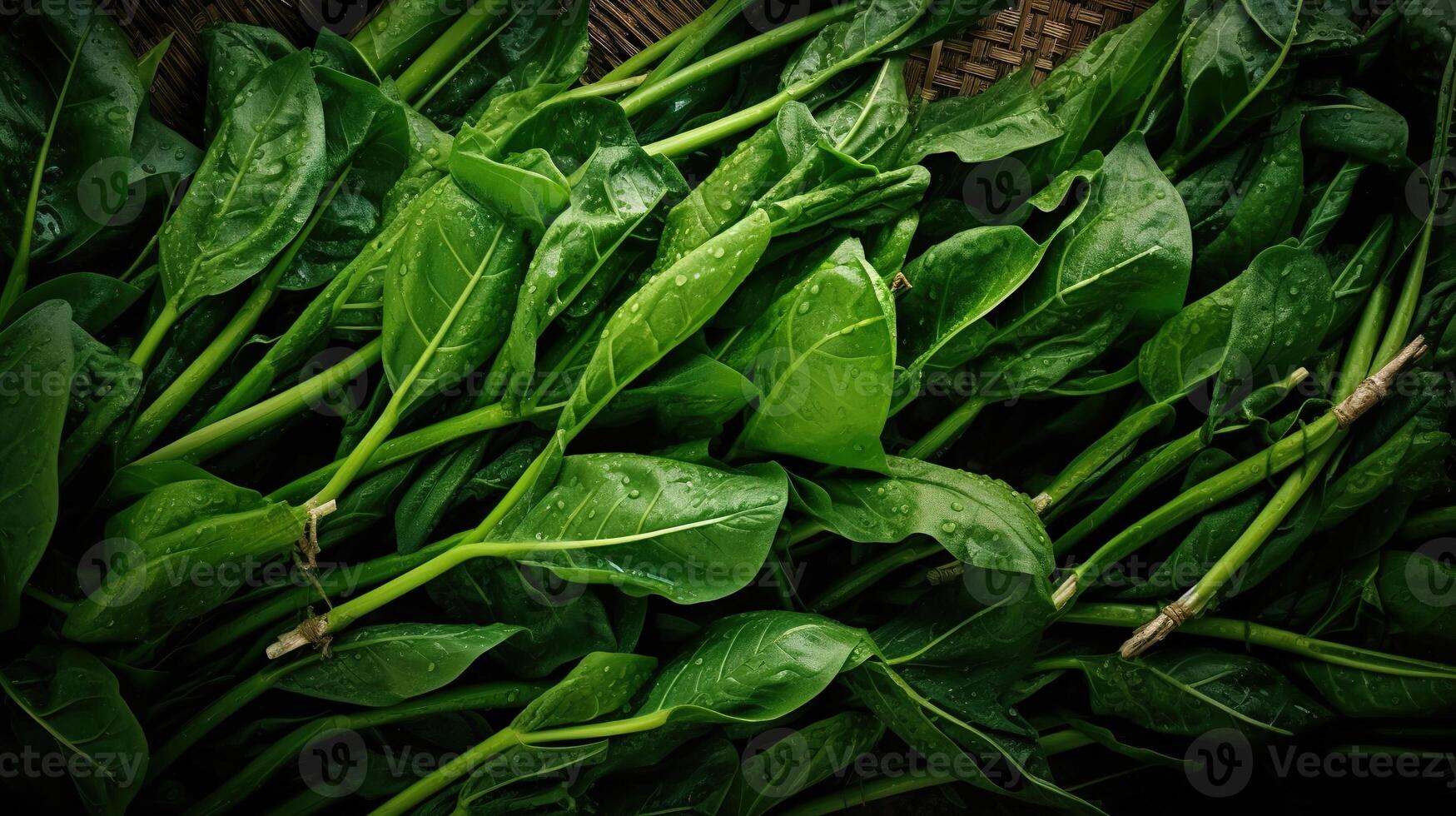 Realistic photo of a bunch of kangkong. top view vegetables scenery. AI Generated