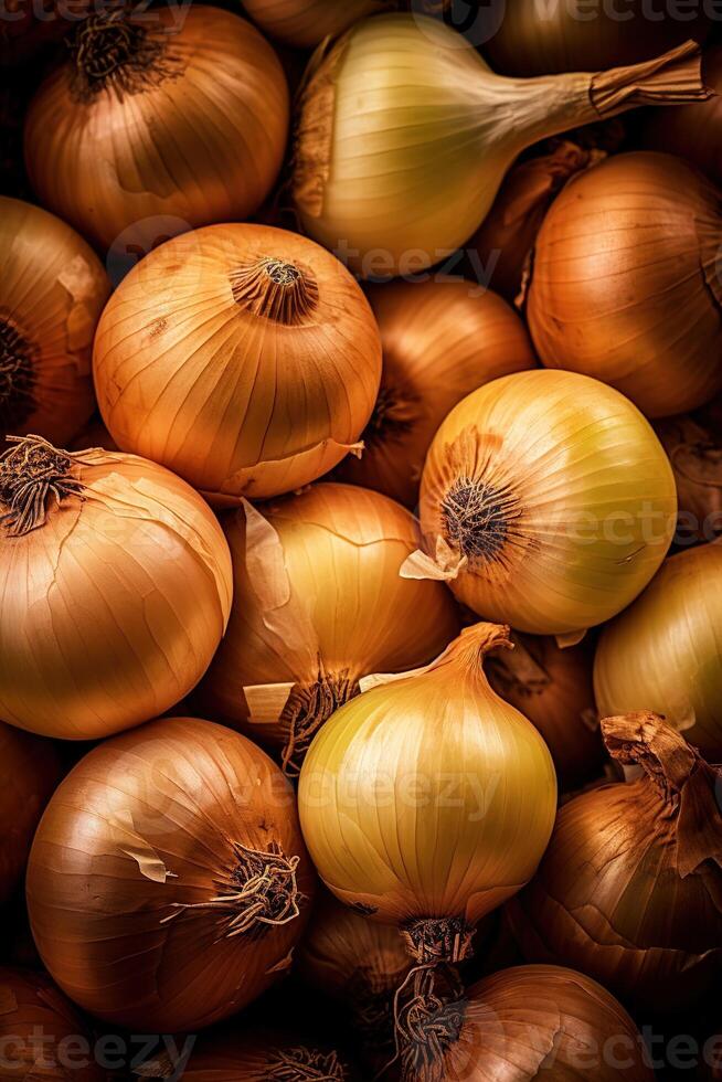 Realistic photo of a bunch of sweet onion. top view vegetables scenery. AI Generated