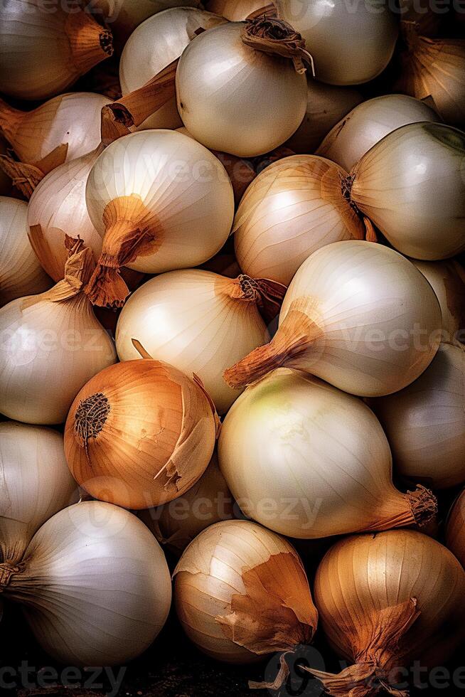 Realistic photo of a bunch of white onion. top view vegetables scenery. AI Generated