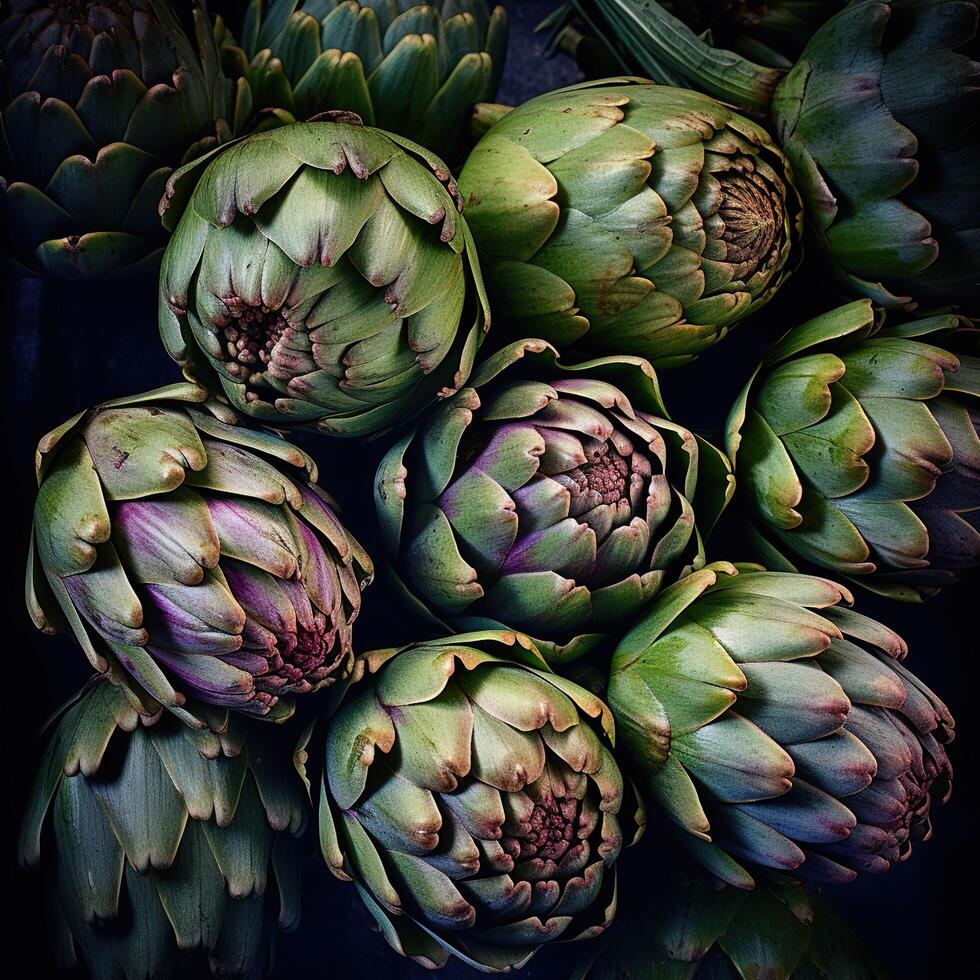 Realistic photo of a bunch of artichokes. top view vegetables scenery. AI Generated