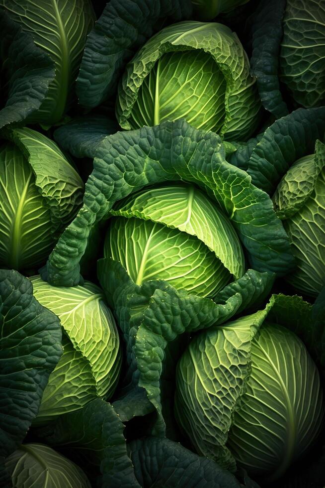 Realistic photo of a bunch of green cabbage. top view vegetables scenery.