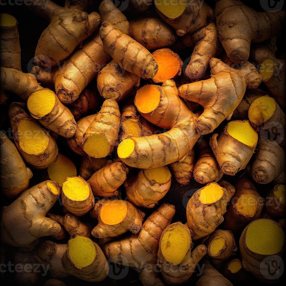 Realistic photo of a bunch of turmeric. top view vegetables scenery.