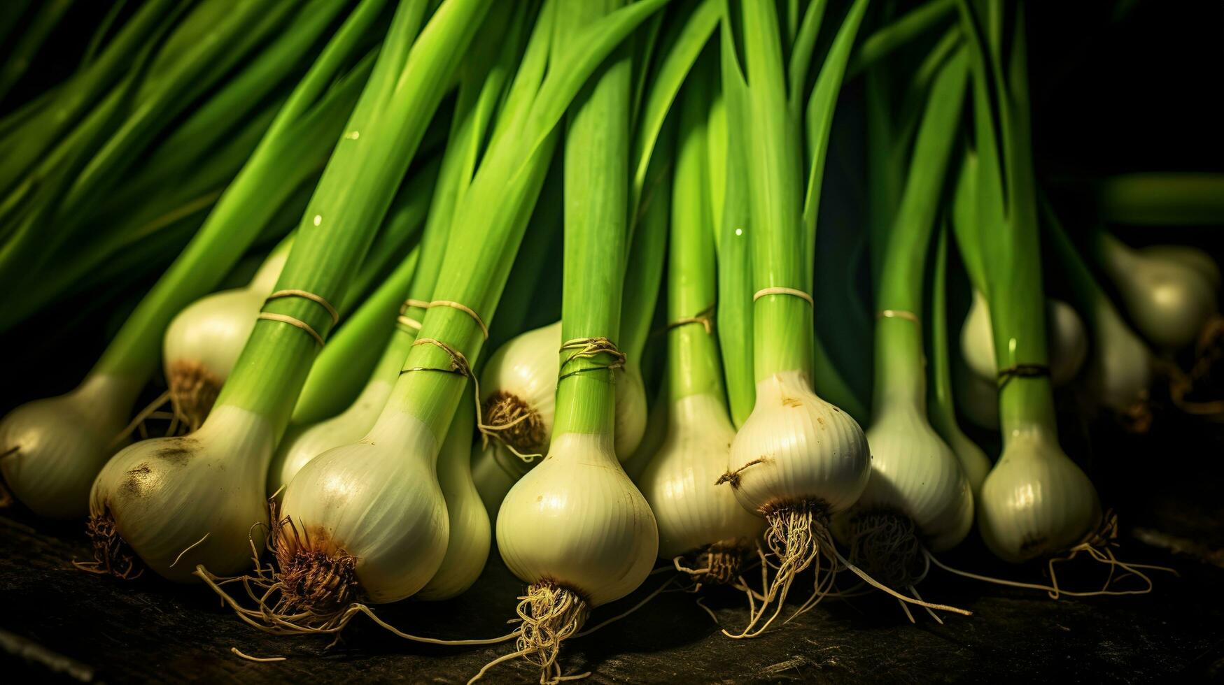 realista foto de un manojo de verde cebolla. parte superior ver vegetales escenario. ai generado