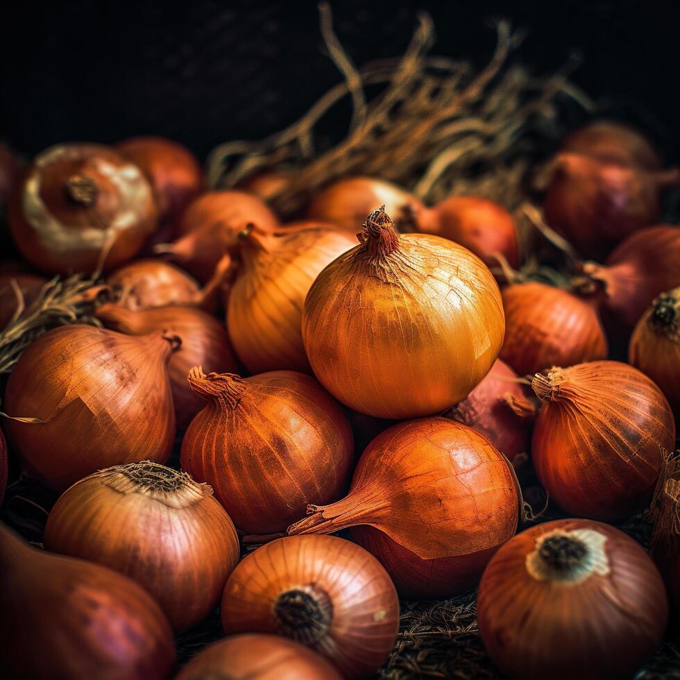 realista foto de un manojo de dulce cebolla. parte superior ver vegetales escenario. ai generado