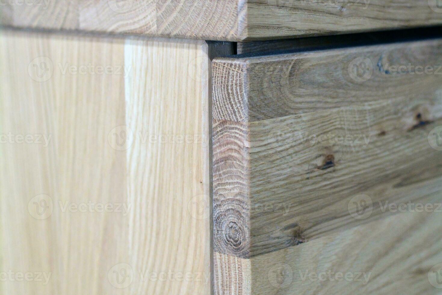 Wooden dresser surface. Natural wood furniture close view photo