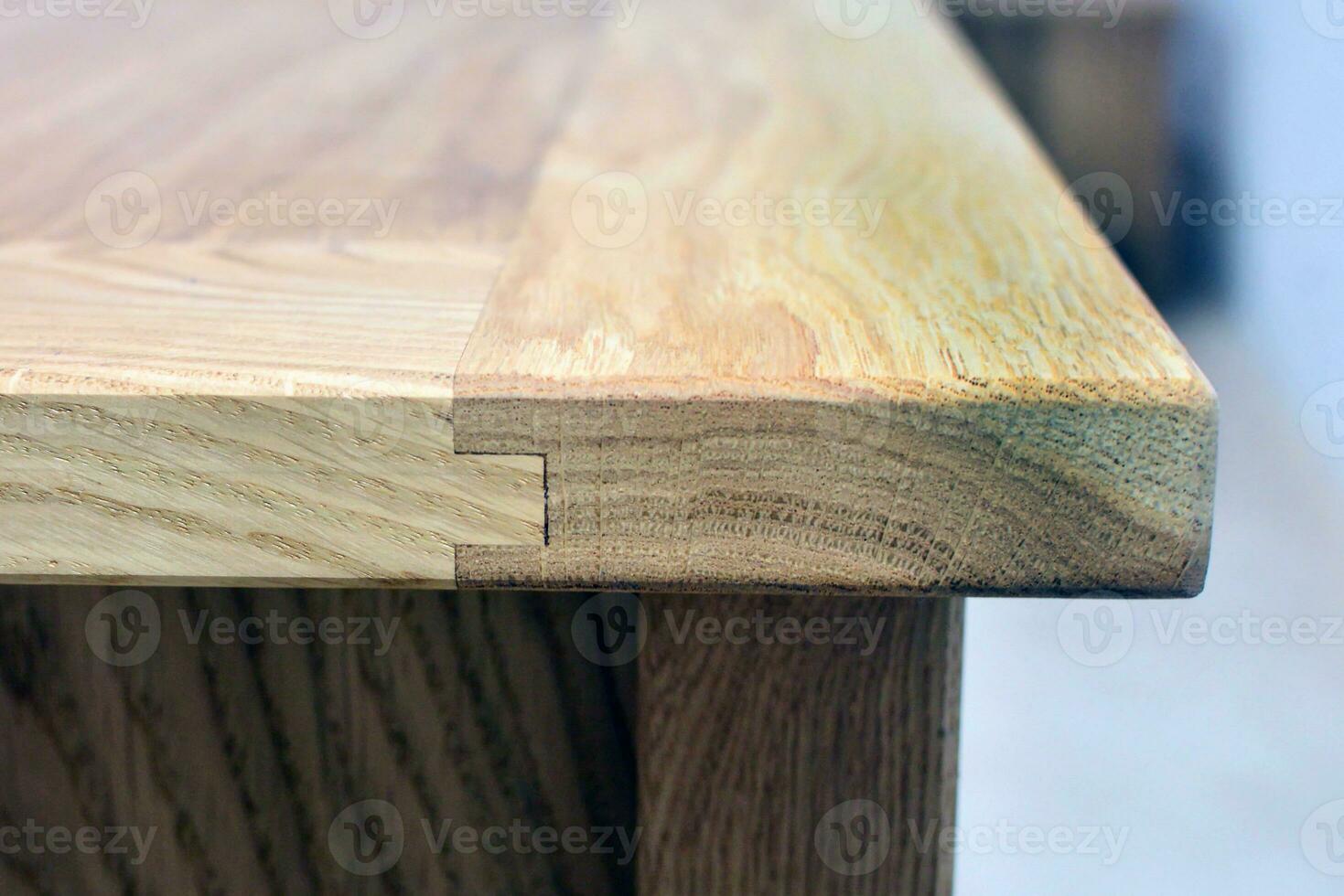 Wooden dinner table surface. Natural wood furniture close view photo