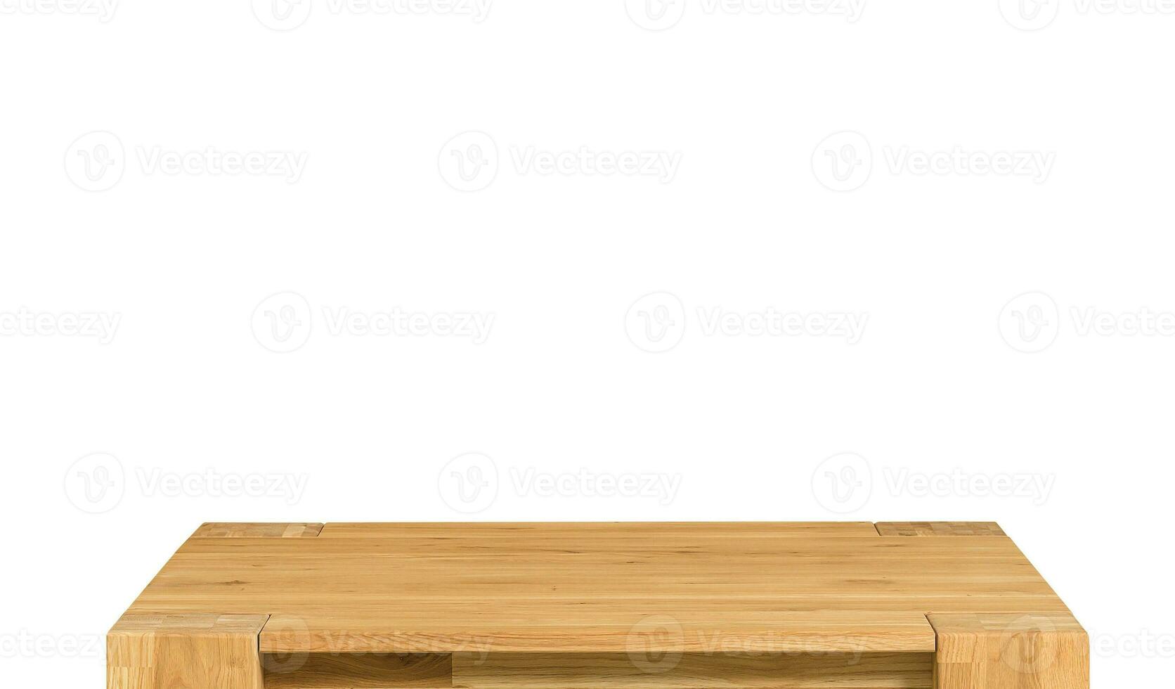 Wooden table top surface isolated over white background. Solid wood furniture close view 3D illustration. Empty table top cooking presentation template photo
