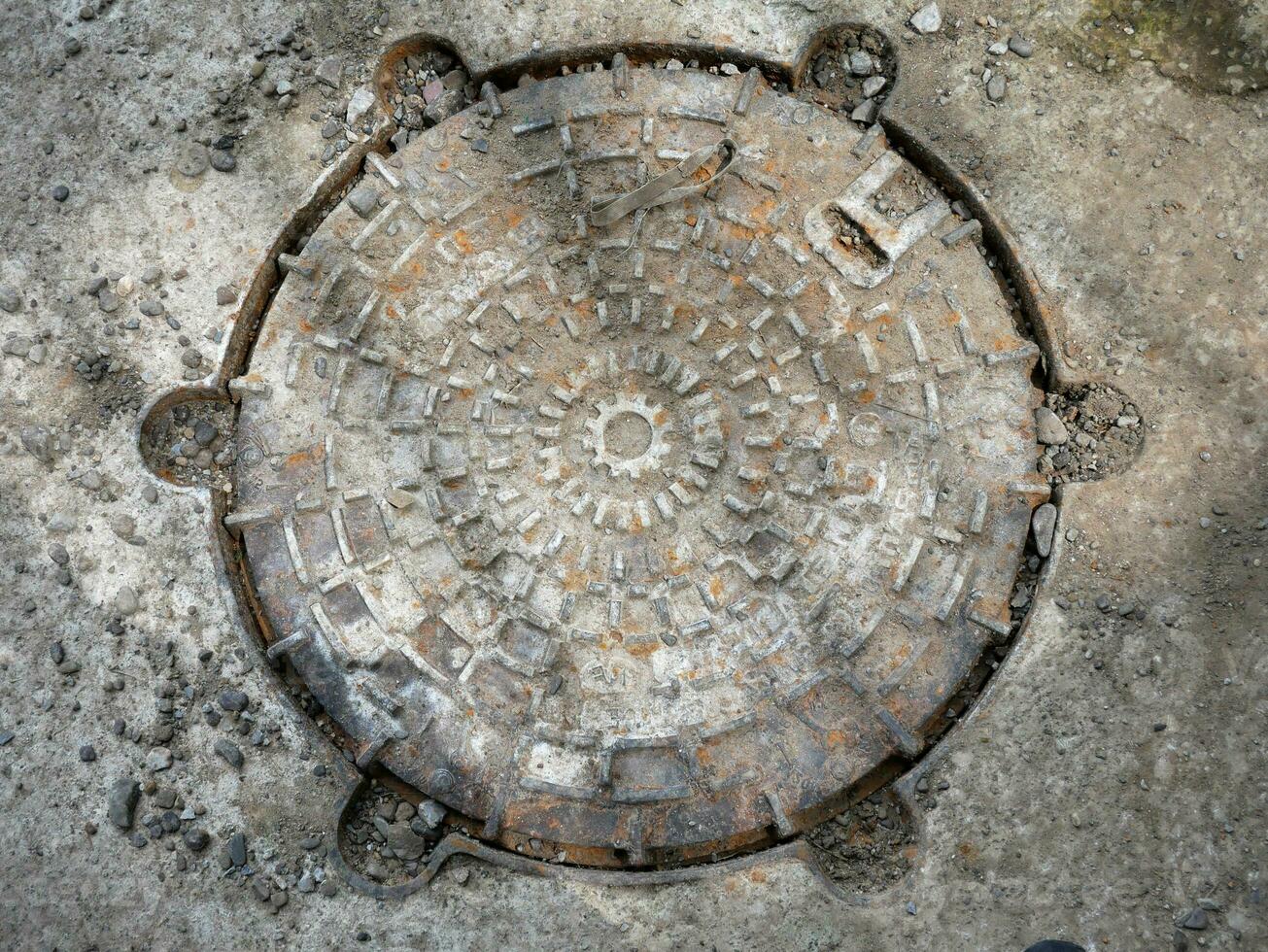 Manhole grunge style background, ground close view photo