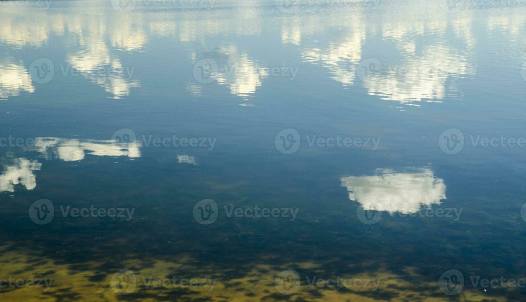 Clouds reflection in pure lake water photo