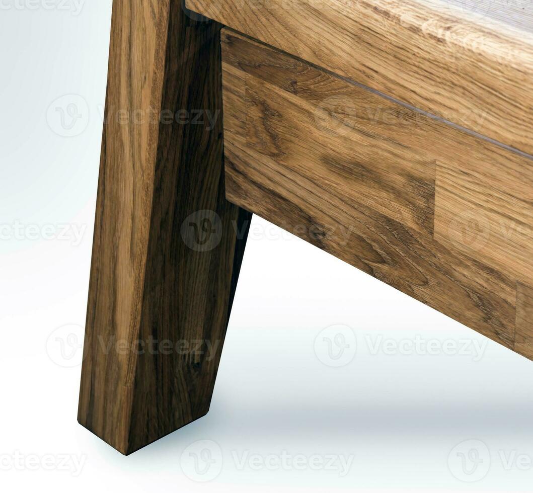 Wooden bed leg close view photo, wooden eco furniture elements background. Solid wood furniture leg photo