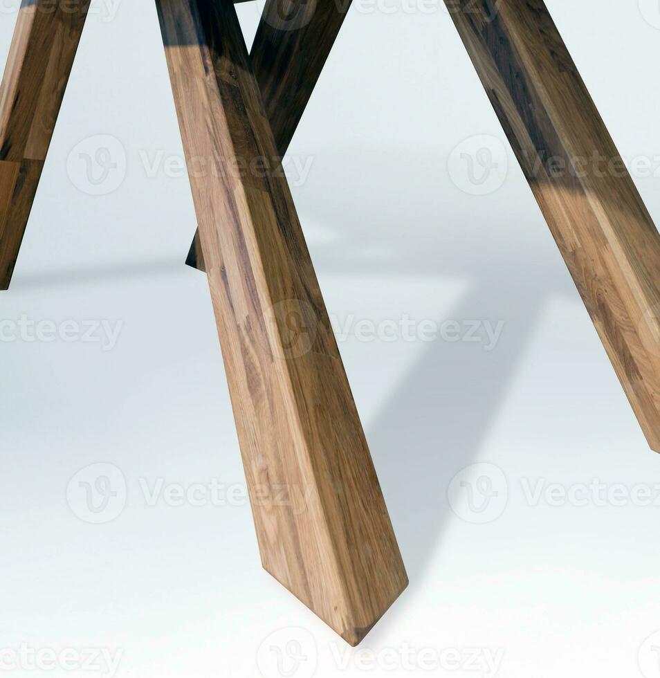 Wooden table legs isolated over white background, close view photo, crossed star shaped legs, wooden eco furniture elements background. Solid wood furniture details photo