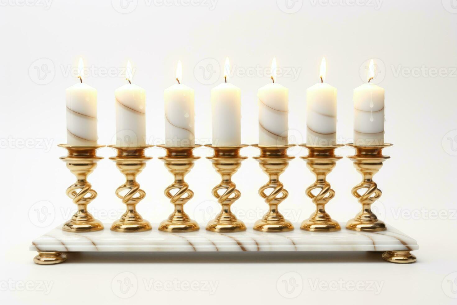 Burning minor candles in a golden candelabrum on a white background. AI-Generated photo