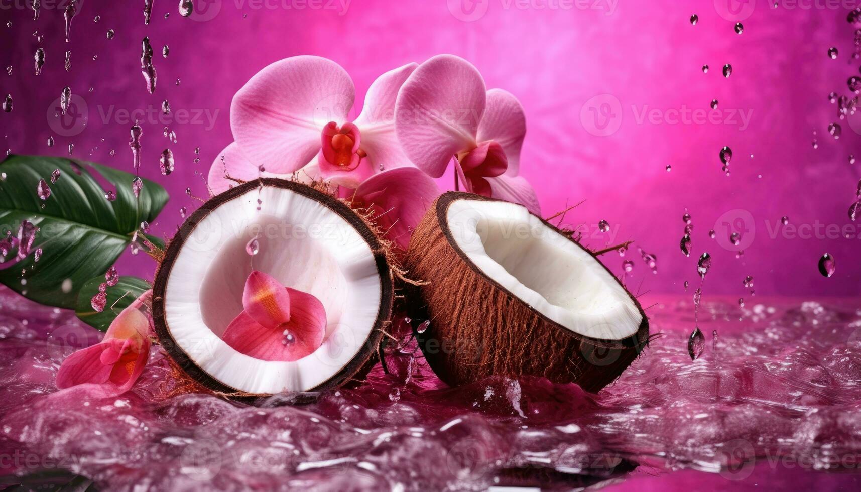Fresh juicy coconut halves, palm leaves and flowers painted in metallic pink with water droplets. AI generated photo