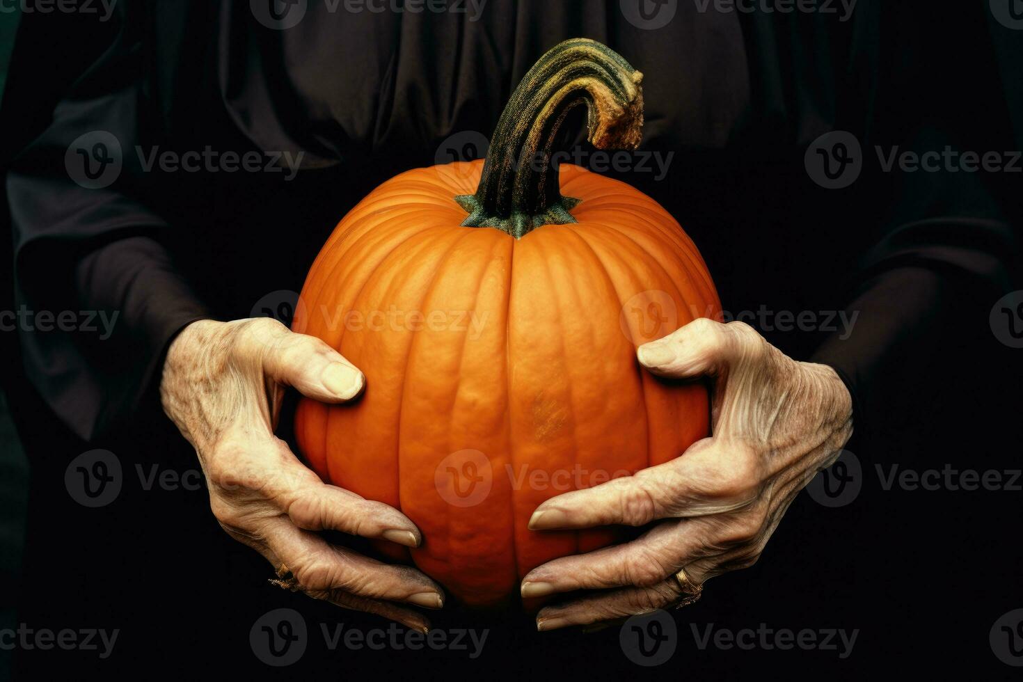 The old woman's hands are holding a round pumpkin. AI generated photo