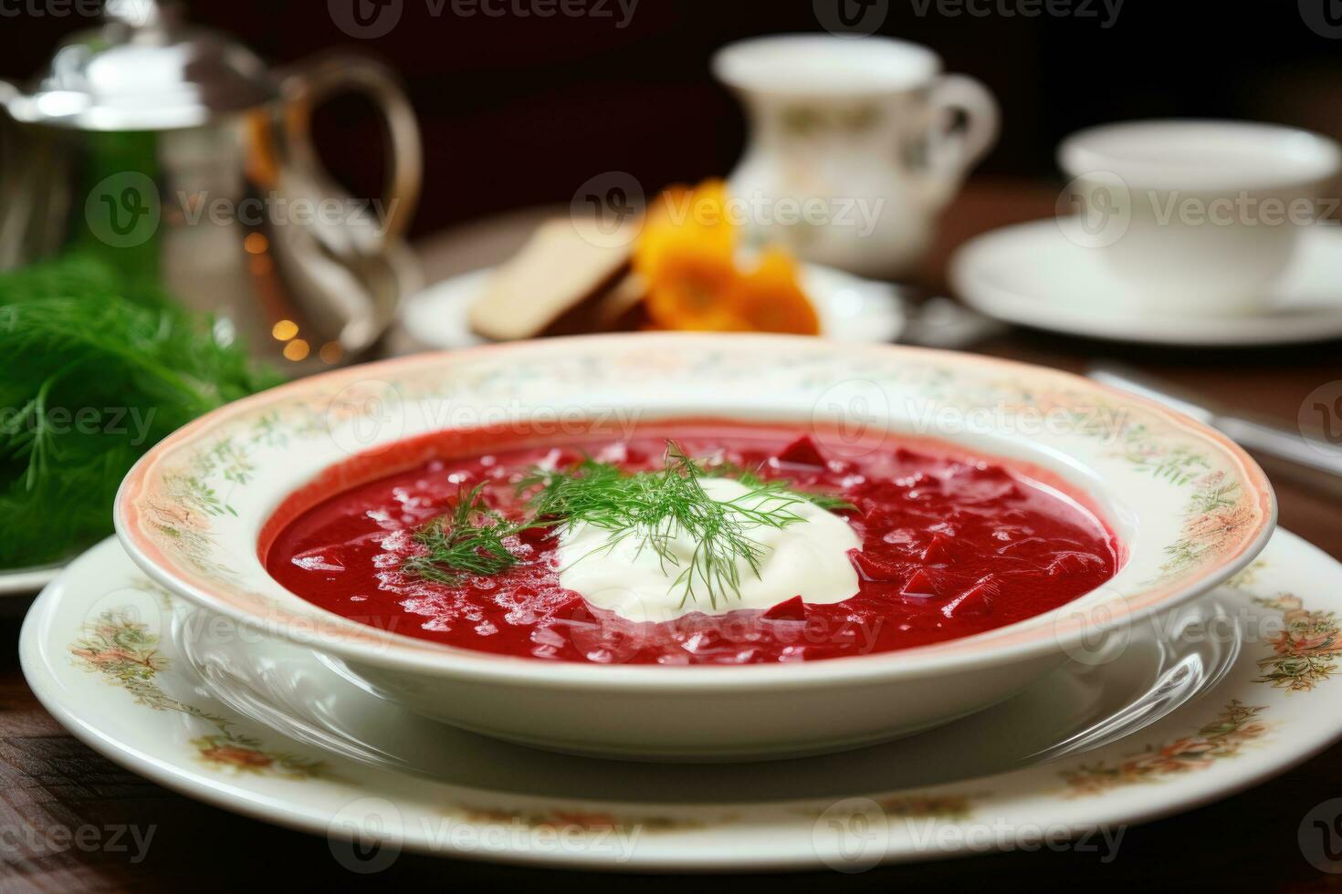 Red borscht with sour cream is served on the table with vegetables and onions. AI generated photo